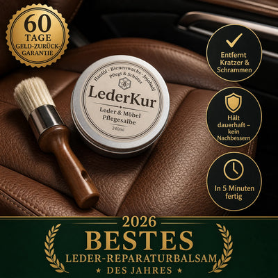 LederKur Auto Lederpflege Hero – Dose mit Pinsel auf Autoleder
